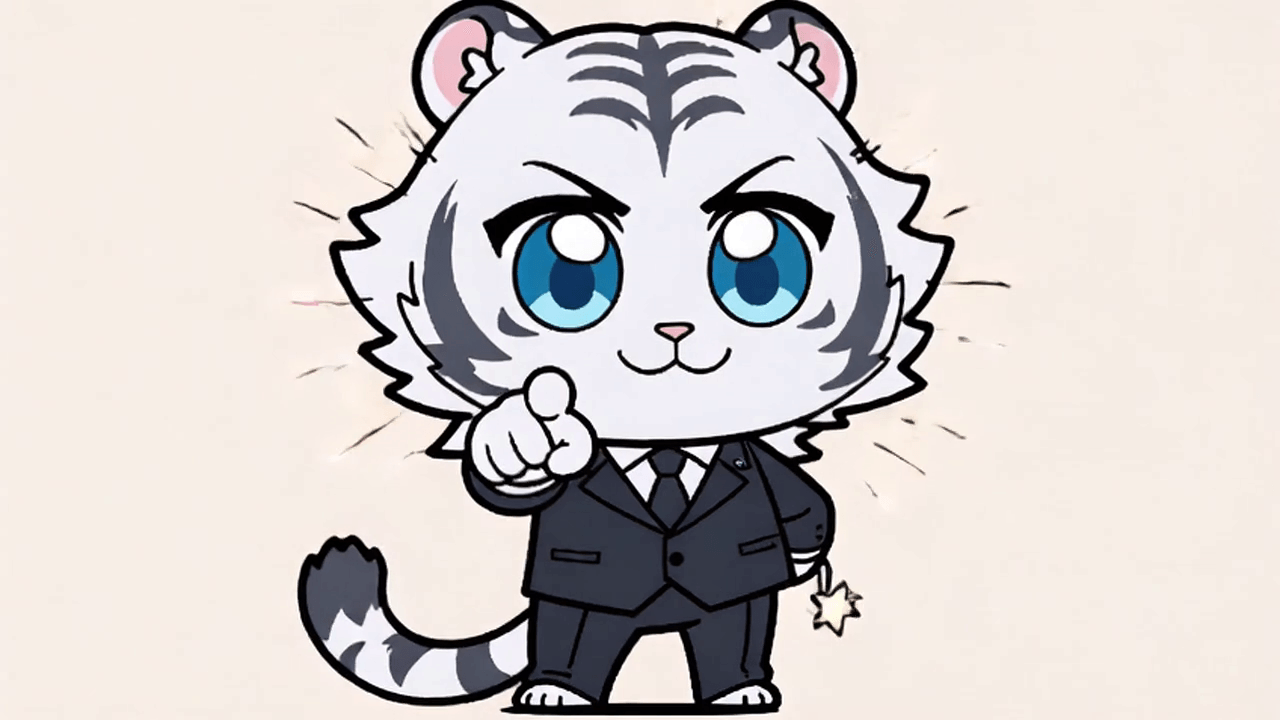 あなたを指し示すTORAMARU CEO（白虎のキャラクター）